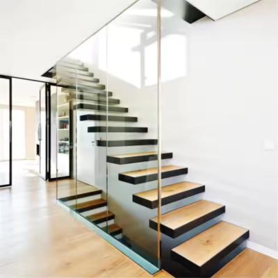 China Customized Beechwood Floating Stair with Glass Railing and LED Lights Satin Finish for sale