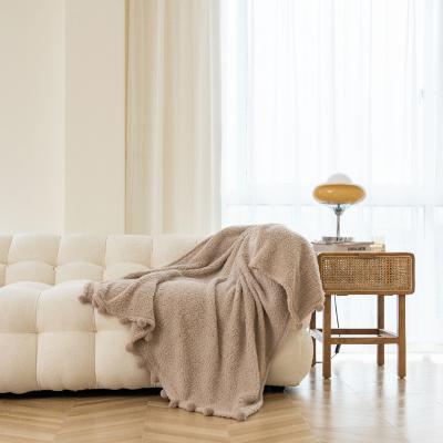China Plaid Chunky Warm Sofa Bed Blanket Mink Rabbit Fur Plush Blanket Throw Blankets Fluffy Faux with Pompoms for sale