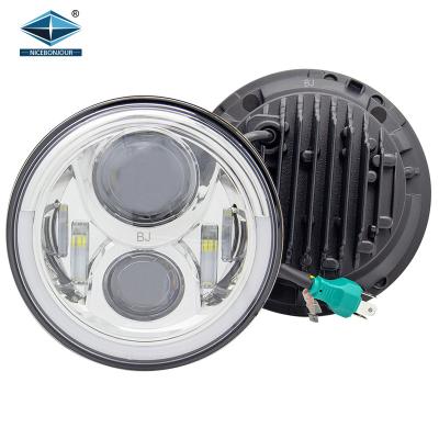 China Round DOT E9 Angle Eye Amber Turn Light 72W 24V 12V IP68 DRL 7 Inch Led Headlight For Car Wrangler JK for sale
