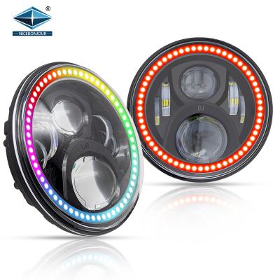 China 7 Inch 12V Led Headlights Drl Hi/Lo Beam H4 72W RGB Halo Ring Amber Angel Eye 7 Inch RGB Headlamp For For Jeep Wrangler JK Cowboy JK for sale