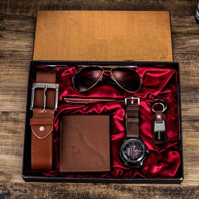 China Hot Selling Alarm Fashion Gift Set Belt Package Sunglasses Wallet Box Quartz Men's Key Chain Watches for sale