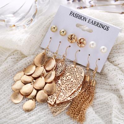 China High quality European and American earrings 6 pairs bead earrings set hollow leaf woven earrings for women for sale