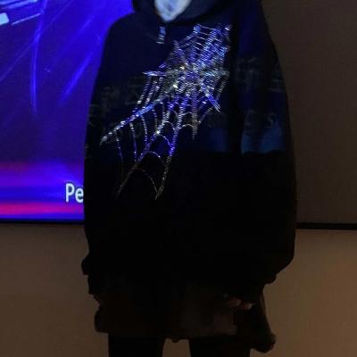China Anti-pilling New Fashion Oversize Cross Sweatshirt Loose Spider Custom Zip Up Rhinestone Hoodie for sale