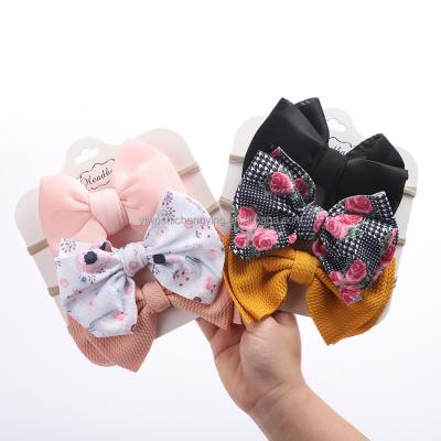 China Fashion Simple Children's Headdress Solid Color Printed Bow Nylon Headband Three Piece Set Baby Headband Set for sale