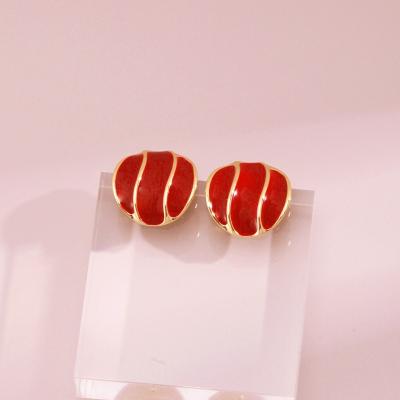 China Vintage Gold Plated button Women's French simple Christmas New Year Red drop oil buttons natural pearl silver earrings fine for sale