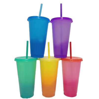 China Meet Ice Drink Will Change Color Newest Design Amazon Seller Hot Cold Color Changing Plastic Coffee Mug Sustainable Use 24OZ With Lid And Straw for sale
