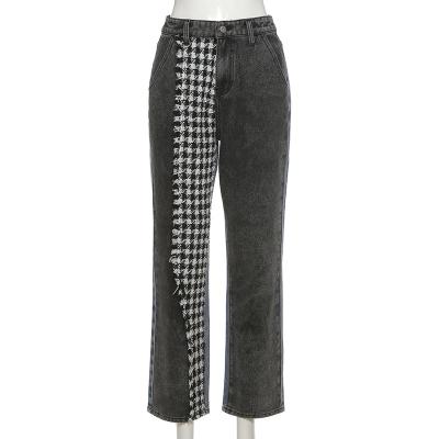 China Viable fashion color grid in contrast spliced 2021 straight leg female jeans leisure wide-leg pants for sale