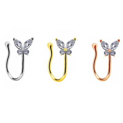 China Punk Exquisite Zircon Clear Butterfly Non Piercing Fake Nose Ring For Women Man Nose Piercing Jewelry Nose Cuffs for sale