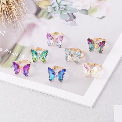 China New Design Cute European Gradient Animal Butterfly Rings Beautiful Colored Glass Butterfly Shaped Open Rings for sale