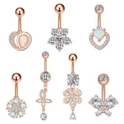 China YICAI 1pcs CLASSIC Surgical Steel Flower CZ Belly Button Rings For Women Man 14g Zircon Curved Barbell Flower Belly Rings for sale