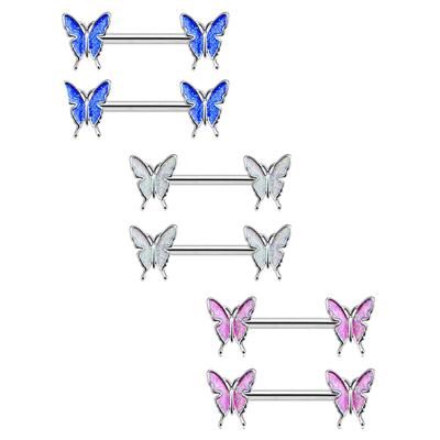 China Hot Selling Colorful Cute Barbell Butterfly Body Jewelry For Women Bar Oil 316L Stainless Steel Nipple Piercing Jewelry for sale