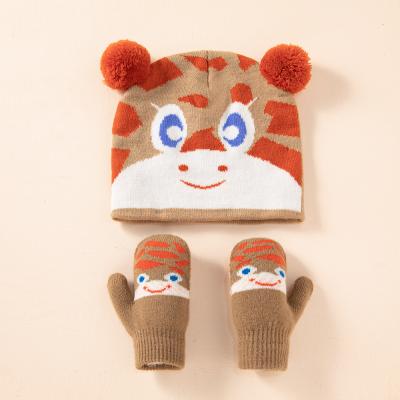China XUFANG COMMON new arrival fashion in running cute cartoon jacquard printed beanies kids winter warm hats and gloves set for sale