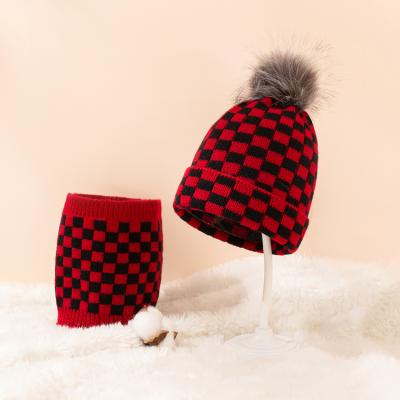 China XUFANG New Arrival Kids Winter Hats Fashion COMMON Winter Hats Kids Knitted Hat Scarf Warm Checked Set With Pom Pom for sale