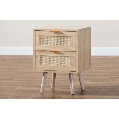 China 2 Drawers Rattan Wood Nightstand Convertible Nordic Modern Bedside Tables For Bedroom for sale