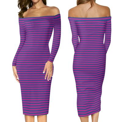 China Anti-Static Custom Sublimation Print Ladies Long Dresses Elegant Vacation Women Casual Dresses Off Shoulder Stripe Dress for sale