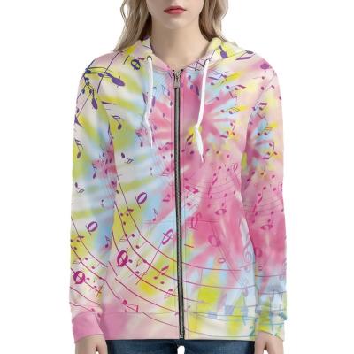 China Anti-pilling Pink Musican Note 3D Printing Hoodie Zipper Jacket Long Sleeve Tie Dye Style Hoodie Jacket Zipper For Women for sale
