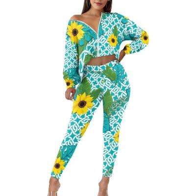 China Anti-pilling Hot Sale O neck Long Sleeve Print Top Fashion Slim Fit Pants Casual Two-piece Suit for Women's Clothing Custom Set for sale