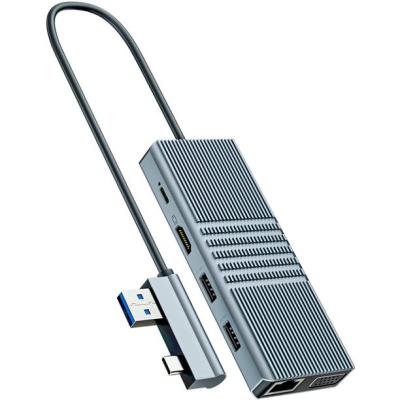 China 8 in 1 USB Hub Rj45 Docking Station Dual Type C tot RJ45 Port/USB3.0/PD/H-D-M-I/Card Te koop
