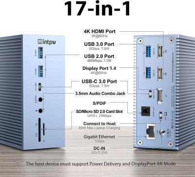 China 16 In 1 USB-C Docking Station PD 100W Fast Charger PC Host/USB 2.0/3.0 Hub/HDMI 4K60HZ /PD 4K/60HZ/RJ45 Gigabit Te koop