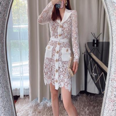 China K&Y Anti-Static Autumn New Arrivals Retro Long 2022 Dress Women's Cavity Lace Luxury Dress With Waist Belt for sale