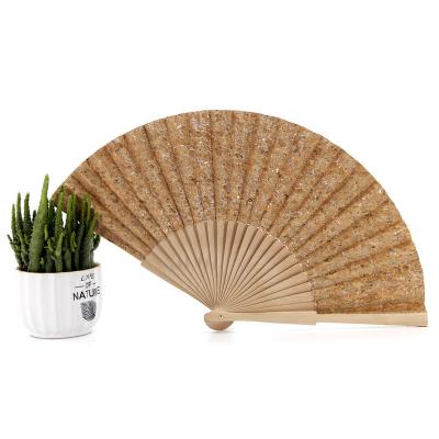 China Custom Fan 2022 China Wedding Souvenir Wooden Hand Held Fan Wholesale Natural Vegan Logo Cork Hand Fan for sale
