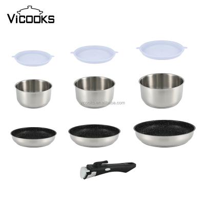 China 12 Pcs Modern Heavy Stainless Steel Cookware Set Titanium Cookware With Detachable Handle for sale