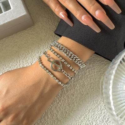 China BA-376 Punk Style Multi Crystal Rhinestone Tennis Chain Bracelet OT Layers Link Chain Clasp Bracelet Set For Women for sale