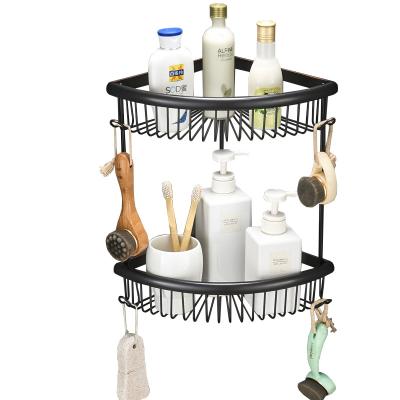 China Wall Mounted Type Wall Mount Double Tiers Brass Shower Shelf Bathroom Corner Shelf Wire Shower Hanging Basket for sale