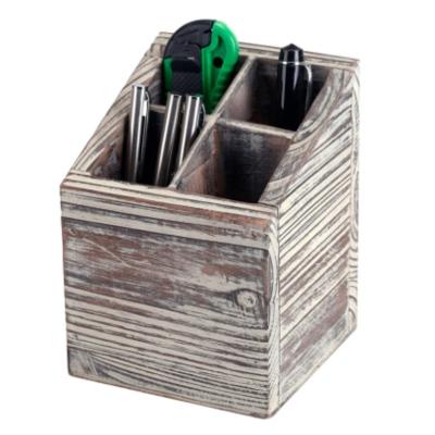 China USA Cup Pen Holder Desk 4 Slanted Compartments Design Office Desk Supplies Storage Square Brown Pencil Wooden Box Organizer Bin for sale