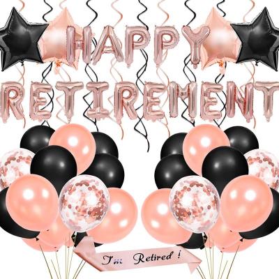 China Non-Toxic Black Pink Happy Retirement Party Props I'm Retired Sash Foil Swirl Latex Balloon Retirement Decoration Set for sale