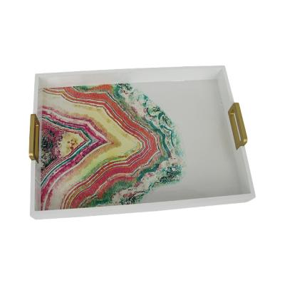 China Hotel home restaurant wood tray with metal handle on the color drawing table modern wooden tea tray for sale