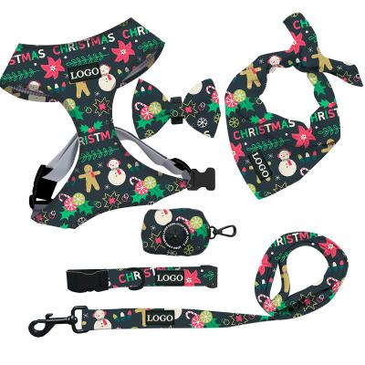 China Custom Customized Printing Design Dog Harness Set Christmas Cute Pattern Soft Comfortable Dog Collar And Harness Set for sale