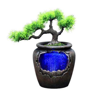 China Europe Relaxation Desktop Waterfall Fountain Pine Tree with LED Light for Home Office Decor for sale