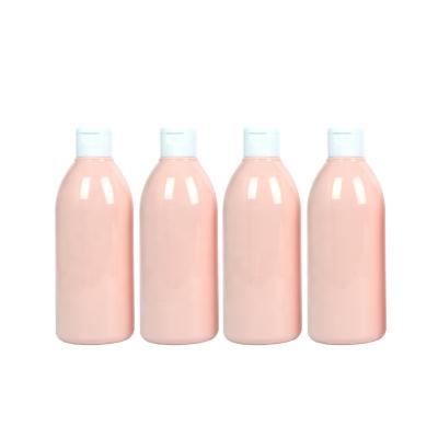 China New Product 300ml Pet Cosmetic Plastic Bottles 10oz Shampoo Pink Color Bottle With Disc Top Cap for sale