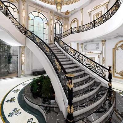 Chine Escalier incurvé en bois en fer forgé en verre trempé de 12 mm pour balustrade en fer à vendre