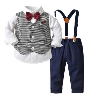 China Fashion Baby Clothes Fashion Plaid Custom Baby Formal Factory Suspender Suit Pattern 3 Pieces Spring Baby Suspender Outfit for sale