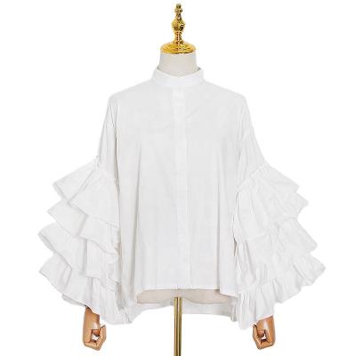 China TWOTWINSTYLE Patchwork Women Shirt Stand Collar Breathable Long Lantern Sleeve Loose Elegant Ruffles for sale