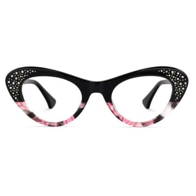 China Wholesale Luxury Women's Diamond Cat Eye Optics Eye Glasses Fashion Trendy Two Tone Eye Wear Monocle Frames for sale