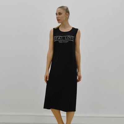 China Summer Women Breathable Cotton Letter Print Beading Elasticmaxi Dress Female Basic Black Sleeveless Ladies Long Dress for sale