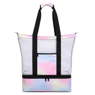 China Fashion Customized Large Insulated Double Layer 2-In-1 Picnic Bag With Bottom Net Cooler Handbag Tote Bag Mesh Beach Bag for sale