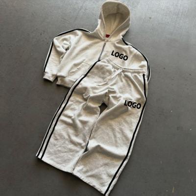 Cina Custom pesante cotone a strisce laterale tagliato box zip up cappucci e pantaloni da ginnastica Baggy Set abiti da ginnastica in vendita