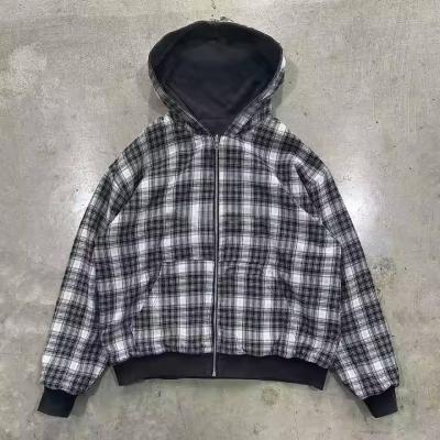 Китай Специальное кислотное промывание вышитые полосатые фланельные Zip Up Hoodie куртка двойной слой обратимый плакатный Hoodie в 100% хлопка продается