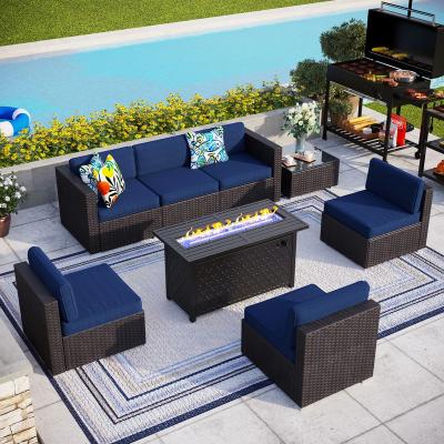 China Eco-friendly\UV Resistant\water Proof\weather Resistant Custom Elegant 8 PCS Wicker Patio Conversation Sofa Set Outdoor Garden Furniture Set with Fire Pit Table for sale