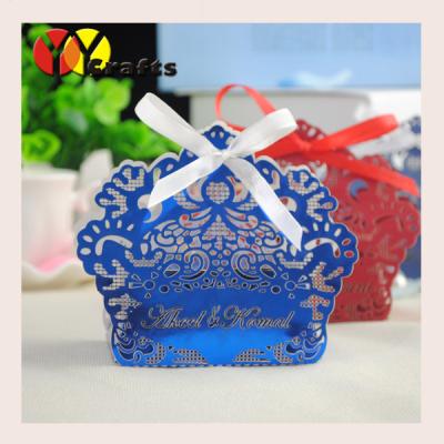 China Red And Blue Lace Laser Cut Boxes Favors , Wedding Candy Box With Free Name Logo for sale