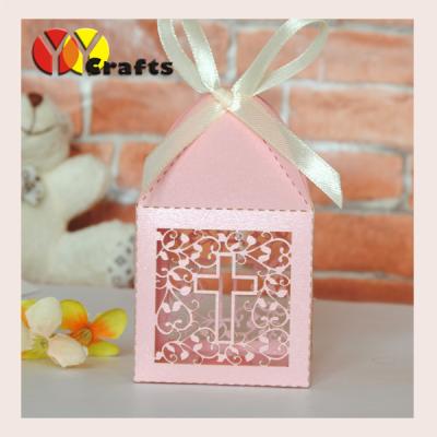 China Pink Cross Favor Boxes Wedding Candy Gift Boxes With Ivory Or White Free Ribbon for sale