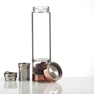 China Sustainable Logo Glass Energy Drink Bottle Custom Gemstone Infused Crystal Water Bottle for sale