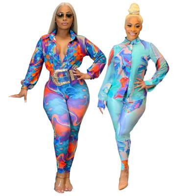 China Casual Autumn Anti-pilling Long Sleeve Blouse 2 Piece Set Women Clothing Tie Dye Printed Fashion Shirt Women Lounge Set for sale