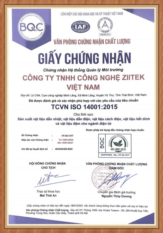 ISO14001 :2015 - CÔNG TY TNHH CÔNG NGHỆ ZIITEK VIỆT NAM