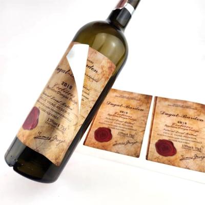 China Etiqueta de garrafa de vinho tinto personalizada Adesivo à prova d'água Logotipo privado Marca de produto Embalagem Etiqueta de impressão à venda