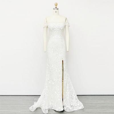 China Anti-Static High Quality Elegant Design White Lace off-shoulder short sleeve Bridal Ball Gown Wedding Dress for sale